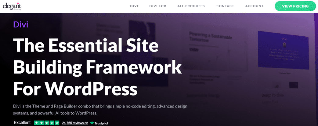 DIVI theme Screenshot of DIVI WordPress theme homepage demo – best-selling multipurpose theme on Elegant