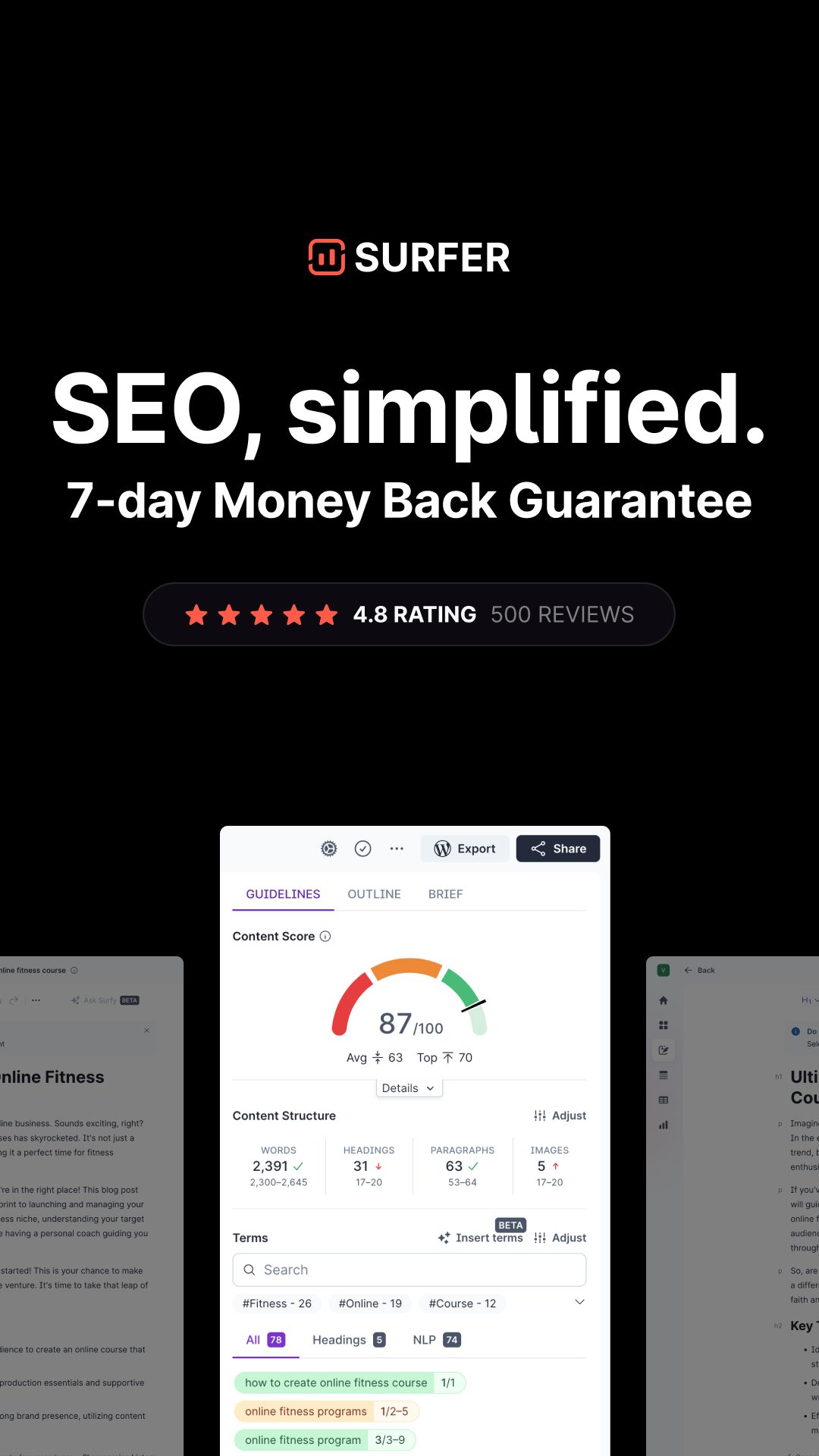 Image showing SURFER SEO 7-day money back gurantee
