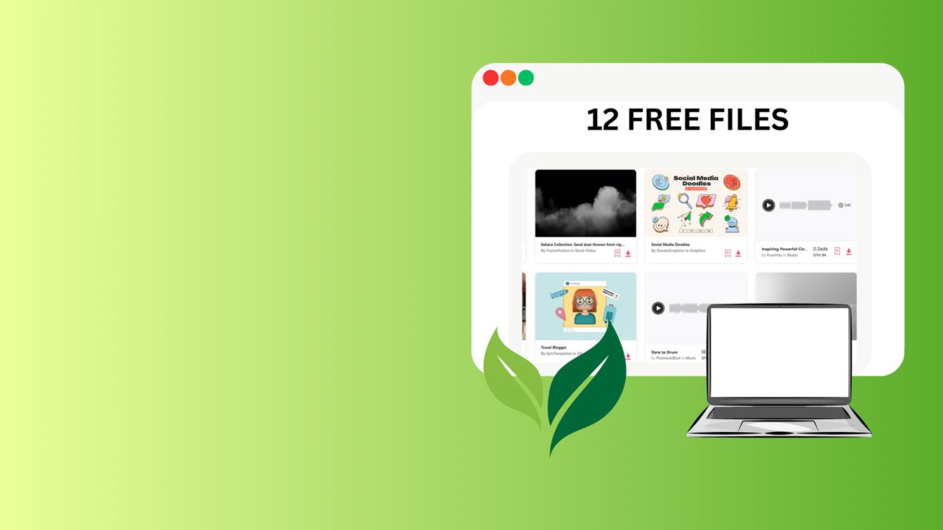 Envato Elements free trial 2025 banner with free monthly files and pricing highlights.