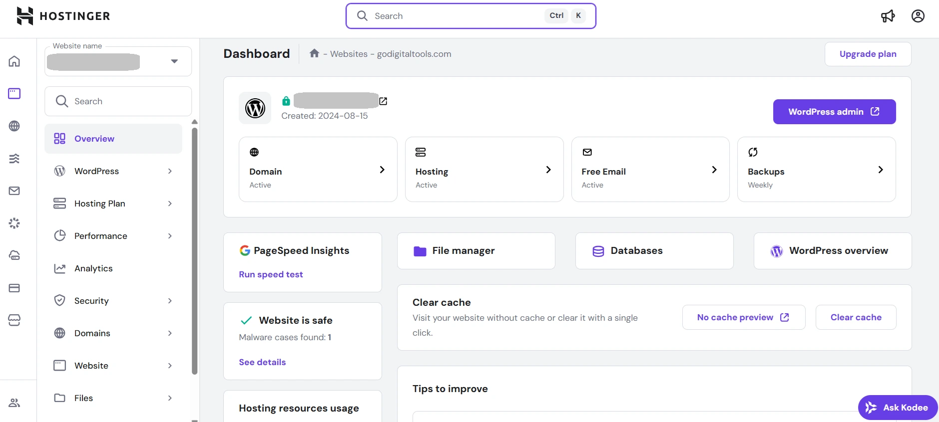 h-panel - hostinger image of h-panel - hostinger interface