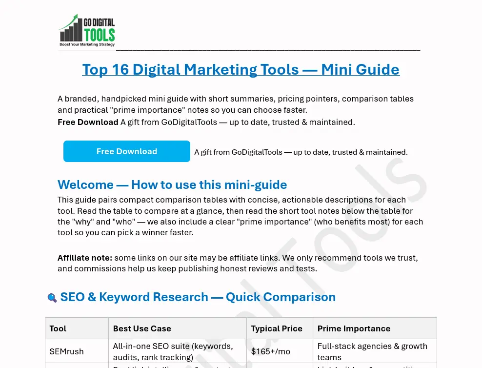 Cheat Sheet for 16 best tools - GoDigital Tools