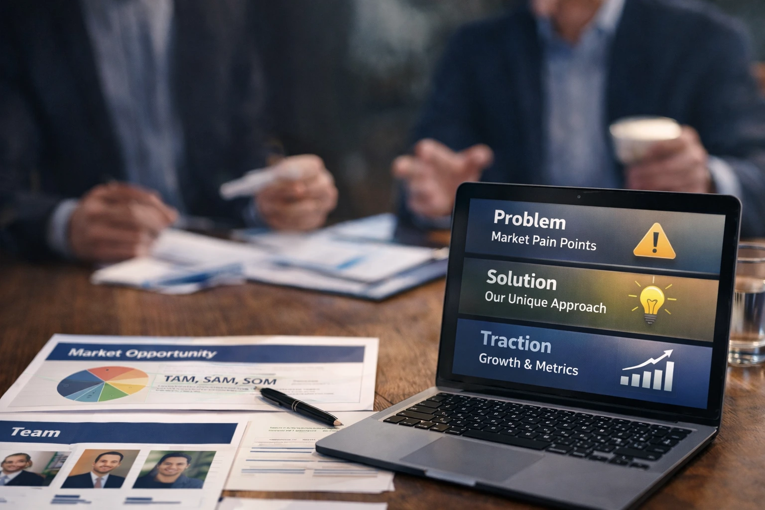 Laptop displaying pitch deck slides, showing what is in a pitch deck for investors