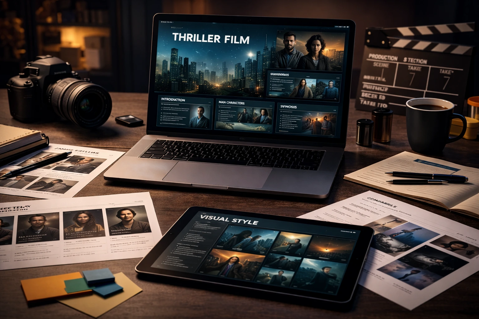 Professional workspace showing a film pitch deck in progress on a laptop and tablet, illustrating how to make a pitch deck for film producers with story, characters, visuals, and budget slides.
