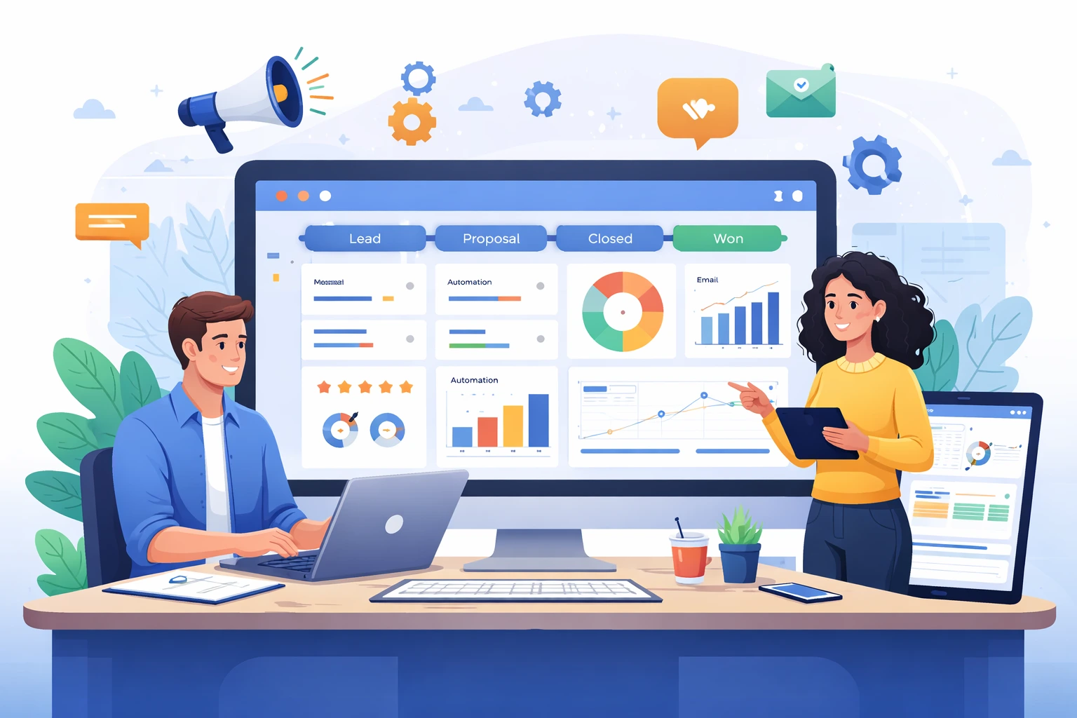 CRM software dashboard comparison for digital marketing agencies under 10 users featuring automation, pipeline management, and analytics tools on desktop and tablet screens
