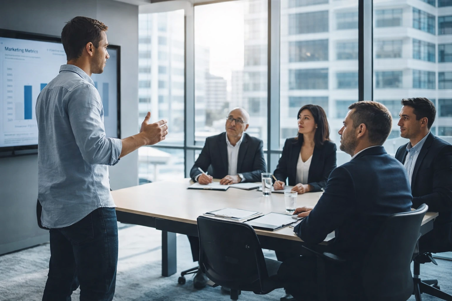Founder pitching a startup to venture capitalists during an investor meeting