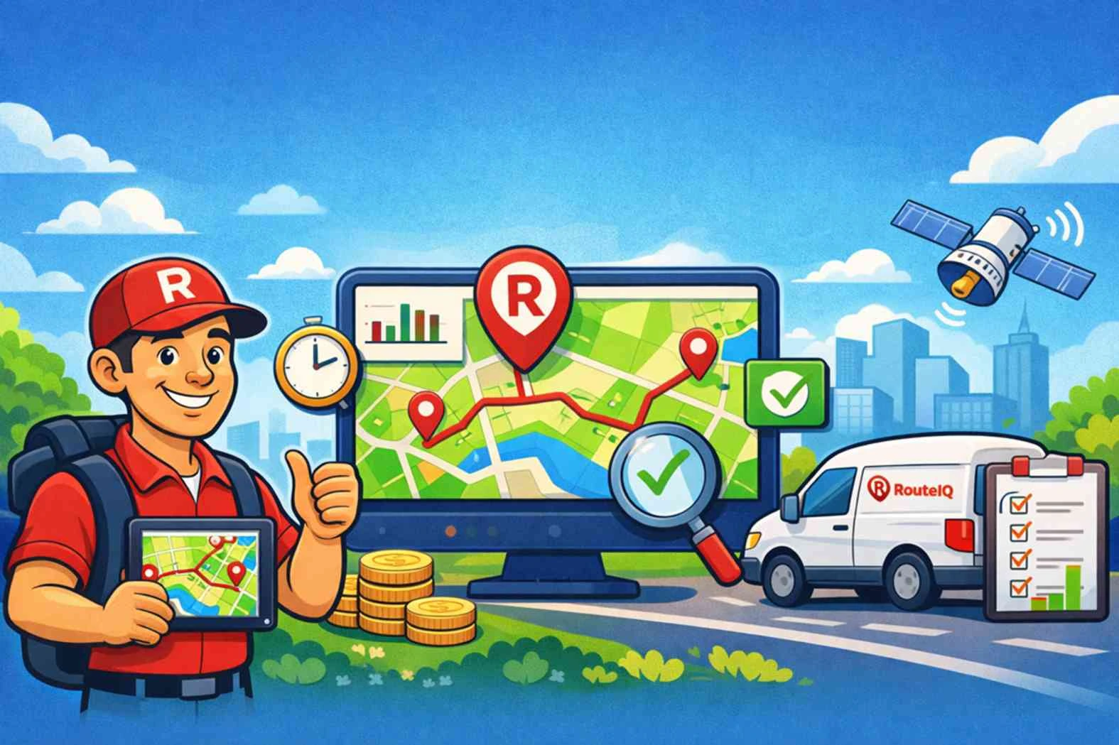 Cartoon-style illustration of RouteIQ in Zoho CRM showing a field sales representative using a map-based route optimization tool with live tracking and optimized travel routes on screen