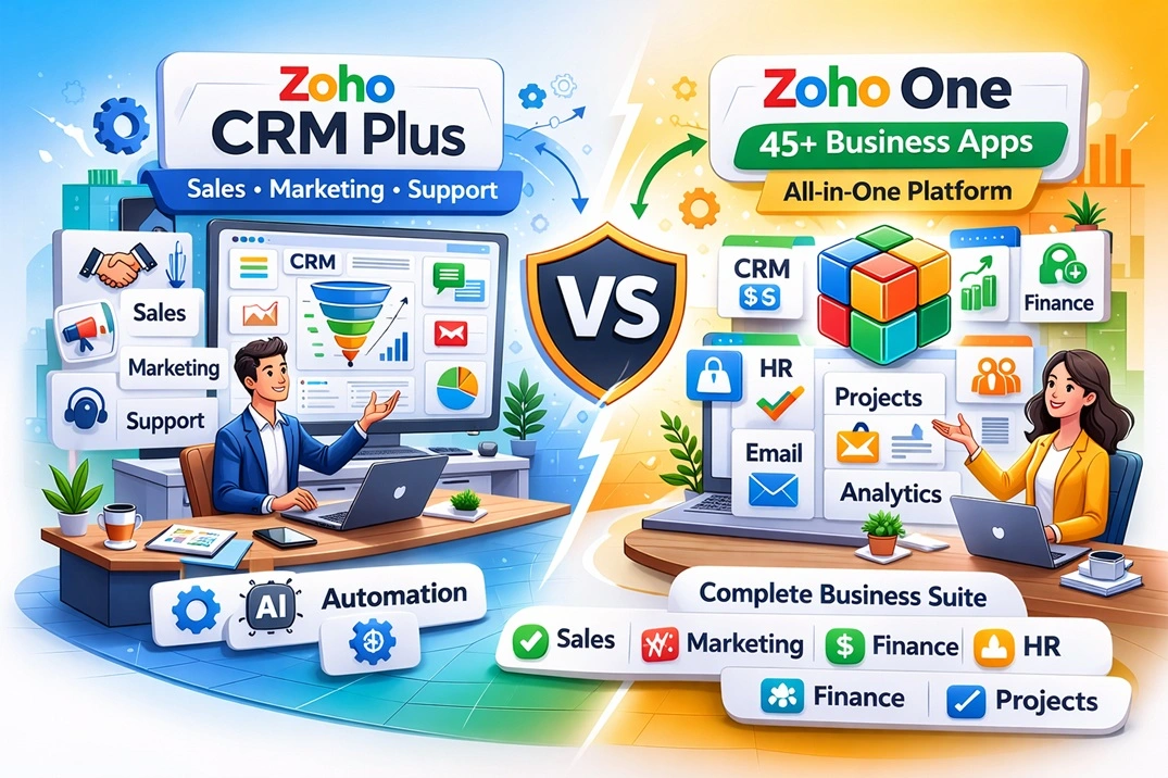 Zoho One vs Zoho CRM Plus comparison illustration showing all-in-one business suite vs customer experience platform features